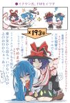  2girls black_hat black_skirt blue_hair boots bow brown_footwear comic commentary_request directional_arrow food frills fruit hat hat_bow hat_ribbon highres hinanawi_tenshi kawayabug kneeling lips long_hair multiple_girls nagae_iku parted_lips peach pink_shirt purple_hair red_bow red_eyes red_ribbon ribbon shawl shirt simple_background skirt spinning sweat tears tongue touhou translation_request triangle_mouth white_background white_shirt 