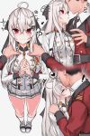  ! 1boy 1girl :3 :o =_= ? ?? ahoge anparu bangs black_neckwear black_ribbon blush breasts closed_mouth collared_shirt commander_(girls_frontline) commentary_request directional_arrow double-breasted emblem eyebrows_visible_through_hair forehead_kiss frilled_sleeves frills full_body girls_frontline glint hair_between_eyes hair_ornament hair_ribbon hairclip half_updo hands_on_another&#039;s_shoulders hands_together heart highres iws-2000_(girls_frontline) jacket jewelry kiss kneehighs korean_commentary long_hair long_sleeves medium_breasts military military_uniform miniskirt necktie open_clothes open_jacket parted_lips patreon_username pleated_skirt red_eyes red_shirt ribbon ring shirt shoes sidelocks silver_hair simple_background skirt spoken_heart spoken_question_mark standing uniform wedding_band white_background white_footwear white_jacket white_legwear white_shirt white_skirt wing_collar 