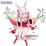  1girl :d animal_ears animal_hat arms_up blush boots bunny_hat capelet carrot character_request commentary copyright_name dress fingerless_gloves fingernails fur-trimmed_boots fur-trimmed_capelet fur-trimmed_dress fur-trimmed_gloves fur-trimmed_sleeves fur_trim gloves hat highres ia_(ias1010) knee_boots long_hair open_mouth pink_gloves pink_scarf pom_pom_(clothes) rabbit_ears red_capelet red_dress red_eyes red_footwear ruby_(stone) scarf short_sleeves silver_hair sitting skindentation smile solidus solo striped striped_legwear thigh-highs thighhighs_under_boots white_background wide_sleeves 