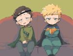  2boys blonde_hair blue_eyes brown_hair cape couch crossed_arms freckles gloves green_eyes headband hood leopold_stotch male_focus multiple_boys nojiko_(natumag) scott_malkinson short_hair sitting south_park tongue tongue_out 