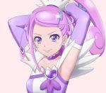  1girl armpits arms_up choker collarbone cure_sword detached_sleeves dokidoki!_precure earrings elenab hair_ornament high_ponytail jewelry kenzaki_makoto long_hair long_sleeves pink_background precure purple_hair purple_sleeves shiny shiny_hair simple_background solo sparkle tying_hair upper_body violet_eyes 