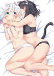  2girls animal_ears barefoot bed_sheet black_bra black_panties blush bow bow_panties bra cat_ears cat_tail closed_eyes closed_mouth commentary cuddling eyebrows_visible_through_hair flat_chest from_above frown hair_bow highres hug hug_from_behind kuronekomimi_(saku) lace lace-trimmed_bra lace-trimmed_panties legs lips long_hair looking_at_another looking_back low_twintails lying multiple_girls navel on_bed on_side original panties parted_lips pink_bow saku_(syake135) shironekomimi_(saku) short_hair sleeping tail twintails underwear underwear_only white_bra white_panties yuri 