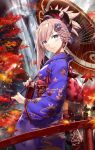  1girl autumn_leaves bangs blue_eyes blue_kimono blush breasts bridge closed_mouth commentary_request earrings fate/grand_order fate_(series) from_side gabiran hair_ornament holding holding_umbrella japanese_clothes jewelry kimono large_breasts lens_flare long_hair looking_at_viewer miyamoto_musashi_(fate/grand_order) obi oriental_umbrella outdoors pink_hair ponytail sash sidelocks smile solo umbrella water waterfall 