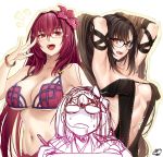  3girls adjusting_eyewear armpits arms_behind_head arms_up bangs bare_shoulders bikini black_dress bow bracelet breasts brown_hair center_opening choker cleavage collarbone consort_yu_(fate) dress drooling fate/grand_order fate_(series) flower glasses hair_between_eyes hair_bow hair_flower hair_intakes hair_ornament hibiscus highres jewelry large_breasts long_hair looking_at_viewer medium_breasts multiple_girls navel okitakung open_mouth osakabe-hime_(fate/grand_order) purple_bikini purple_hair red_eyes scathach_(fate)_(all) scathach_(fate/grand_order) scathach_(swimsuit_assassin)_(fate) simple_background smile sparkle strapless strapless_dress stylus swimsuit tablet_pc very_long_hair white_background 