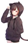  1girl absurdres animal_ears animal_hood bang_dream! bangs black_choker black_hair black_hoodie black_shorts blush cat_hood cat_tail choker closed_mouth cowboy_shot drawstring eyebrows_visible_through_hair fake_animal_ears frown hand_in_pocket hand_up highres hood hoodie ion_(on01e) light_particles lock long_sleeves looking_at_viewer mitake_ran multicolored_hair padlock red_eyes redhead shiny shiny_hair short_hair short_shorts shorts simple_background sleeves_past_wrists solo standing streaked_hair tail v-shaped_eyebrows white_background 