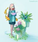  1girl blue_background blue_eyes commentary english_commentary facing_viewer flower jacket koi long_hair lotus open_clothes open_jacket original overgrown pantyhose pink_hair plant pleated_skirt red_scarf scarf simple_background skirt solo sprout_on_head toilet walking watering_can watermark web_address wenqing_yan 
