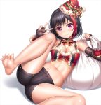  1girl arm_warmers armpits ass bang_dream! bangs bare_legs bare_shoulders barefoot black_choker black_gloves black_hair black_shorts blush bow bowtie breasts buttons choker cleavage closed_mouth collarbone crop_top earrings elbow_gloves eyebrows_visible_through_hair fingerless_gloves glint gloves gold_trim hands_up hat holding holding_sack jewelry knee_up lace lace-trimmed_gloves lambda_(kusowarota) looking_at_viewer medium_breasts midriff mitake_ran multicolored_hair navel reclining red_eyes red_hat red_neckwear red_shirt redhead sack santa_hat shadow shirt short_hair short_shorts shorts sidelocks simple_background sleeveless sleeveless_shirt smile solo star star_earrings stomach streaked_hair striped thighs w white_background 