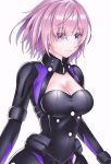  1girl alonalon002 black_bodysuit bodysuit breasts cleavage cleavage_cutout eyebrows_visible_through_hair fate/grand_order fate_(series) hair_between_eyes mash_kyrielight medium_breasts ortenaus pink_hair shiny shiny_hair short_hair simple_background smile solo standing violet_eyes white_background 