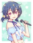  1girl :d bare_shoulders blue_hair blue_ribbon blue_shirt bow choker crop_top e20 flower green_eyes hair_between_eyes hair_bow hair_flower hair_ornament holding holding_microphone looking_at_viewer microphone mizuno_ai navel open_mouth ribbon ribbon_choker shirt short_hair short_twintails smile solo star twintails upper_body violet_eyes yellow_bow zombie_land_saga 