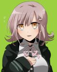  1girl bangs black_hoodie blush breasts commentary_request dangan_ronpa eyebrows_visible_through_hair fingernails flipped_hair green_background hair_between_eyes hair_ornament hairclip hand_on_own_chest hood hoodie large_breasts light_brown_hair long_sleeves looking_at_viewer nanami_chiaki open_mouth out_of_frame pink_hair pink_ribbon ribbon short_hair simple_background solo super_dangan_ronpa_2 suzuka_(rekkyo) 