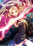  1girl black_leotard blonde_hair bow breasts cape cowboy_shot diadem earrings ereshkigal_(fate/grand_order) fate/grand_order fate_(series) floating_hair hair_bow holding holding_weapon jewelry leotard long_hair looking_at_viewer medium_breasts nail_polish open_mouth petals purple_nails red_bow red_cape red_eyes romuni solo twintails very_long_hair weapon 