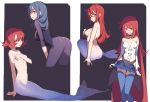  2girls ass blue_hair blue_skirt blush breasts cape covering covering_breasts glasses highres leaning_forward little_witch_academia long_hair medium_breasts mermaid monster_girl multiple_girls navel_cutout qiongsheng red_eyes shiny_chariot short_hair sideboob skirt skirt_pull small_breasts thigh-highs thighs ursula_charistes 