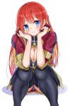  1girl black_legwear blue_eyes blush braid breasts cleavage cleavage_cutout crown_braid hair_between_eyes head_rest head_tilt highres long_hair looking_at_viewer medium_breasts multicolored_hair parted_lips re:creators redhead sankee selesia_upitiria shiny shiny_hair simple_background sitting smile solo thigh-highs two-tone_hair very_long_hair white_background 