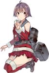  1girl boots dress kantai_collection kneeling konishi_(koconatu) official_art orange_eyes pleated_skirt purple_hair red_skirt ribbon sakawa_(kantai_collection) santa_costume school_uniform serafuku short_hair skirt sleeveless sleeveless_dress thigh-highs torn_clothes 