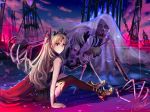  1girl asymmetrical_legwear black_legwear blonde_hair bow cape diadem earrings ereshkigal_(fate/grand_order) fate/grand_order fate_(series) hair_bow high_heels highres jewelry long_hair looking_at_viewer outdoors petra-ii red_bow red_cape red_eyes single_thighhigh sitting skeleton solo thigh-highs twintails very_long_hair 