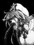  1girl beret black_background black_ribbon braid breasts commentary_request fangs hat hong_meiling horror_(theme) jiangshi koyubi_(littlefinger1988) long_hair monochrome neck_ribbon ofuda open_mouth ribbon saliva shirt solo star teeth tongue touhou twin_braids 