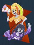  2girls absurdres bandage black_hair blonde_hair clothes_writing eyebrows_visible_through_hair eyes_visible_through_hair facial_scar hair_between_eyes hair_over_one_eye hand_on_another&#039;s_head highres holding_megaphone ivanmzart long_hair multicolored_hair multiple_girls nikaidou_saki open_mouth ponytail red_eyes scar shouting sleeves_past_fingers sleeves_past_wrists streaked_hair teeth tongue v-shaped_eyebrows yamada_tae zombie zombie_land_saga 