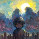  1boy 666haorare666 androgynous building cityscape clouds cloudy_sky eyebrows_visible_through_hair looking_at_viewer no_nose original outdoors short_hair sky smile solo sun upper_body 