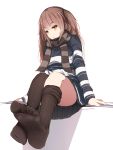  1girl alternate_costume arm_support arms_at_sides asymmetrical_legwear bangs breasts brown_scarf closed_mouth commentary_request eyebrows_visible_through_hair feet full_body girls_frontline katuo1129 legs light_brown_eyes light_brown_hair long_hair long_sleeves looking_at_viewer no_shoes one_side_up pale_skin pov_feet scar scar_across_eye scarf shadow shiny shiny_hair shirt simple_background sitting skirt small_breasts smile soles solo striped striped_scarf striped_shirt thigh-highs thighhighs_pull toe_scrunch toes tsurime ump45_(girls_frontline) white_background 
