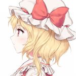  1girl blonde_hair bow commentary eyebrows_visible_through_hair flandre_scarlet frilled_shirt_collar frills hat hat_bow looking_away minust mob_cap portrait profile red_bow red_eyes short_hair simple_background solo touhou white_background 