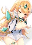  1girl arm_support bangs blonde_hair blush breasts cleavage collarbone commentary_request cowboy_shot dress eyebrows_visible_through_hair gloves hand_up highres mythra_(xenoblade) igakusei jewelry large_breasts long_hair looking_at_viewer nintendo ring shadow short_dress simple_background sitting smile solo swept_bangs thigh_strap thighs tiara very_long_hair white_dress white_gloves xenoblade_(series) xenoblade_2 yellow_background yellow_eyes 