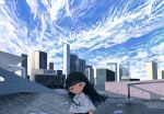  1girl bangs black_hair blue_eyes blue_sky blush building city cityscape clouds cloudy_sky collared_shirt day glowing half-closed_eyes head_tilt highres jewelry long_hair necklace no_nose original outdoors scenery shirt sizucomaru sky solo swept_bangs white_shirt 