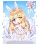  1girl :o animal_ears bangs bare_shoulders black_choker blonde_hair blue_eyes blue_flower blue_sky blush breasts chibi choker clouds cloudy_sky commentary_request commission day dress elbow_gloves eyebrows_visible_through_hair feathered_wings flower gloves heterochromia leaning_to_the_side long_hair medium_breasts open_mouth original petals pink_flower pong_(vndn124) rabbit_ears shadow sky solo standing strapless strapless_dress tile_floor tiles upper_teeth very_long_hair white_dress white_footwear white_gloves white_wings wings yellow_eyes 