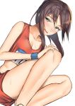  1girl :d bangs bare_arms bare_legs bare_shoulders blush breasts brown_hair cleavage collarbone hand_on_own_knee head_tilt knees_up long_hair looking_at_viewer midriff open_mouth original pallad ponytail red_shirt red_shorts shirt short_shorts shorts sidelocks simple_background sitting sleeveless sleeveless_shirt small_breasts smile solo sweat thighs uniform white_background wristband yellow_eyes 