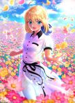 1girl :d ahoge aqua_eyes artoria_pendragon_(all) black_ribbon blonde_hair blue_ribbon blue_sky braided_bun clouds day dress eyebrows_visible_through_hair fate/stay_night fate_(series) field flower flower_field hair_between_eyes hair_ribbon highres long_dress looking_at_viewer open_mouth outdoors petals pink_flower red_flower ria001 ribbon saber short_hair short_sleeves sidelocks sky smile solo standing white_dress yellow_flower yellow_petals 