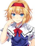  1girl alice_margatroid bangs blonde_hair blue_dress blue_eyes blush bow bowtie breasts capelet commentary_request dress e.o. eyebrows_visible_through_hair eyes_visible_through_hair hair_intakes hairband hand_up highres looking_at_viewer puffy_short_sleeves puffy_sleeves red_bow red_hairband red_neckwear red_sash sash short_hair short_sleeves simple_background small_breasts smile solo touhou upper_body white_background white_capelet 