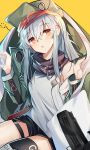  1girl :o absurdres assault_rifle bangs bare_shoulders black_legwear black_scarf black_shorts blanket blush breasts eyebrows_visible_through_hair g11 g11_(girls_frontline) girls_frontline green_hat green_jacket gun hair_between_eyes hands_up hat head_tilt highres holding holding_blanket jacket long_hair long_sleeves looking_at_viewer off_shoulder open_clothes open_jacket orange_eyes parted_lips peaked_cap rifle scarf shirt short_shorts shorts sidelocks simple_background single_thighhigh sitting sleeveless sleeveless_shirt small_breasts solo thigh-highs thigh_strap weapon white_hair white_shirt yanggang yellow_background 
