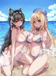  2girls :q absurdres animal_ear_fluff animal_ears atago_(azur_lane) atago_(kantai_collection) azur_lane bangs bare_arms bare_legs bare_shoulders barefoot beach beret bikini black_hair blonde_hair blue_bikini blue_hat blue_sky breast_press breasts brown_eyes cleavage closed_mouth clouds cloudy_sky collarbone commentary day eyebrows_visible_through_hair green_eyes groin hat hat_ribbon highleg highleg_bikini highres horizon kantai_collection kneeling large_breasts long_hair looking_at_viewer mole mole_under_eye multiple_girls navel ocean outdoors ribbon sarong scarlet_dango see-through shadow sidelocks sky slippers smile stomach strap_gap strap_pull swimsuit symmetrical_docking thighs tongue tongue_out very_long_hair water white_bikini white_footwear 