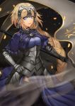  1girl armor armored_dress banner black_legwear blonde_hair blue_dress blue_eyes braid braided_ponytail dress fate/grand_order fate_(series) floating_hair gauntlets headpiece highres holding jeanne_d&#039;arc_(fate) jeanne_d&#039;arc_(fate)_(all) long_hair parted_lips single_braid solo ssal standing thigh-highs very_long_hair 