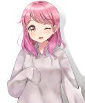  1girl ;d bang_dream! bangs blush breasts brown_eyes commentary_request drawstring eyebrows_visible_through_hair grey_hoodie head_tilt hood hood_down hoodie long_hair long_sleeves maruyama_aya one_eye_closed open_mouth pink_hair shadow sin_(sin52y) sleeves_past_fingers sleeves_past_wrists small_breasts smile solo upper_body white_background 