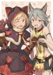 2girls :3 :d ;d animal_ear_fluff animal_ears animal_hood armband armpit_crease bangs bare_shoulders belt black_capelet black_dress black_gloves black_skirt blonde_hair blush breasts brown_eyes capelet cat_ears cat_hood collar commentary_request cowboy_shot djeeta_(granblue_fantasy) drawstring dress fake_animal_ears fang fur-trimmed_capelet fur_trim gloves granblue_fantasy grey_hair groin hair_between_eyes hand_on_hip hand_up hinami_(hinatamizu) hip_vent hood kuronekodoushi locked_arms looking_at_viewer miniskirt multiple_girls one_eye_closed open_mouth paw_background paw_pose revealing_clothes sen_(granblue_fantasy) sepia_background short_hair side-by-side sidelocks skirt small_breasts smile standing v-shaped_eyebrows 