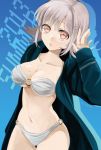  1girl bangs black_jacket blue_background breasts cleavage collarbone commentary_request dangan_ronpa dated eyebrows_visible_through_hair feet_out_of_frame flipped_hair grey_hair hair_ornament hairclip hand_in_hair hood hoodie jacket large_breasts light_brown_eyes looking_at_viewer mole mole_on_breast nanami_chiaki navel open_mouth short_hair simple_background solo super_dangan_ronpa_2 suzuka_(rekkyo) swimsuit 