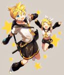  1boy 1girl :d ;d ^_^ bare_legs bass_clef belt blonde_hair blue_eyes closed_eyes closed_eyes detached_sleeves eyebrows_visible_through_hair fingernails full_body grey_background hair_ribbon headset instrument kagamine_len kagamine_rin keyboard_(instrument) leg_up looking_at_viewer musical_note nail_polish navel one_eye_closed open_mouth outstretched_arms ribbon sailor_collar shimada71_72 shirt short_hair shorts simple_background smile star starry_background thighs v vocaloid white_ribbon white_shirt yellow_nails yellow_ribbon 
