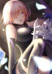  1girl animal_on_leg black_gloves black_legwear black_leotard breasts breasts_apart elbow_gloves fate/grand_order fate_(series) fou_(fate/grand_order) gloves hair_over_one_eye large_breasts leotard mash_kyrielight open_mouth petals pink_hair shiny shiny_hair short_hair sitting solo sumomo7317 thigh-highs thigh_strap violet_eyes 