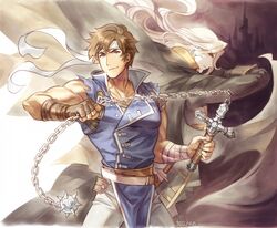  2boys alucard_(castlevania) belt blonde_hair blue_eyes brown_hair cape castlevania castlevania:_rondo_of_blood castlevania:_symphony_of_the_night gloves headband highres long_hair male_focus multiple_boys nintendo richter_belmondo short_hair silver_hair smile super_smash_bros. super_smash_bros._ultimate tecchen weapon whip 