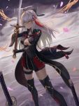  1girl black_bow black_legwear bow breasts cherry_blossoms cleavage clouds cloudy_sky collarbone dress eyebrows_visible_through_hair fate/grand_order fate_(series) floating_hair hair_bow hair_ornament highres hmrgyukina holding holding_sword holding_weapon large_breasts long_hair long_sleeves okita_souji_(alter)_(fate) okita_souji_(fate)_(all) outdoors petals short_dress silver_hair sky smile solo standing sword thigh-highs thigh_strap very_long_hair weapon yellow 