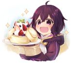  1girl black_hair fire_emblem fire_emblem:_kakusei food fruit gloves highres holding holding_plate hood hood_down long_sleeves mark_(female)_(fire_emblem) mark_(fire_emblem) nakabayashi_zun nintendo open_mouth plate short_hair simple_background solo strawberry violet_eyes white_background 