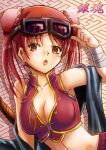  1girl :o bandage breasts brown_eyes brown_hair cleavage collarbone crop_top double_bun gintama goggles goggles_on_head kagura_(gintama) long_hair looking_at_viewer medium_breasts midriff moai_(moai_world) navel solo stomach twintails upper_body 