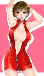  1girl armpits arms_up bare_shoulders breasts brown_eyes brown_hair center_opening cleavage collarbone commentary_request dress itoko_(i_t_k) large_breasts legs looking_at_viewer meiko parted_lips pink_background red_dress short_hair sleeveless sleeveless_dress standing unzipped vocaloid zipper zipper_pull_tab 