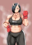 1girl abs bare_shoulders black_hair boxing_gloves breasts cleavage collarbone commentary_request cowboy_shot dated earrings elf-san_wa_yaserarenai. fang hair_over_one_eye horns jewelry large_breasts leggings muscle muscular_female oga-san oni pointy_ears shibusun short_hair smile solo sports_bra sportswear standing sweat tomboy twitter_username yellow_eyes