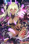  1girl :d armored_boots bangs black_footwear blonde_hair boots breasts claws cleavage copyright_name dark_skin fangs floating_hair fur_collar fur_trim glowing glowing_eyes hair_between_eyes hand_up highres hisenkaede holding holding_weapon horns leg_up light_particles long_hair looking_at_viewer magic medium_breasts official_art open_mouth polearm red_eyes revealing_clothes sidelocks smile solo tail tattoo thigh-highs thigh_boots twintails v-shaped_eyebrows venus_blade watermark weapon wings 