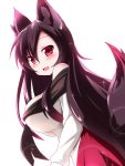  1girl animal_ears bare_shoulders blush breasts brown_hair fang imaizumi_kagerou large_breasts long_hair long_sleeves looking_at_viewer looking_to_the_side off-shoulder_shirt off_shoulder open_mouth red_eyes shirt simple_background sivamaron solo tail touhou white_background wolf_ears wolf_tail 