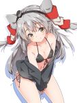  1girl absurdres alternate_costume amatsukaze_(kantai_collection) bikini black_bikini blush breasts brown_eyes dress eyebrows_visible_through_hair grey_hair hair_between_eyes hair_ornament hair_tubes hairclip harukawa_(hal501) hat highres kantai_collection long_hair mini_hat sailor_dress shadow simple_background small_breasts solo swimsuit twintails twitter_username two_side_up white_background windsock 