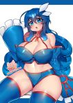  1girl blue_bra blue_eyes blue_gloves blue_hair blue_legwear blue_panties blush bra breasts cleavage commentary commission creatures_(company) curvy elbow_gloves english_commentary eyebrows_visible_through_hair game_freak gen_3_pokemon gloves hair_between_eyes hair_ornament head_tilt highres huge_breasts kyogre long_hair looking_at_viewer nintendo o-ring o-ring_top osiimi panties parted_lips patreon_username personification pokemon signature solo thick_thighs thigh-highs thighs underwear white_background wide_hips 