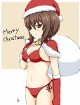  1girl bikini blush breasts brown_eyes brown_hair christmas girls_und_panzer gloves groin hat looking_at_viewer looking_to_the_side ma-2_(konkon_kitakitsune) medium_breasts navel nishizumi_maho red_bikini sack santa_hat short_hair side-tie_bikini smile solo swimsuit swimwear 