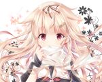  1girl black_serafuku blonde_hair bridal_gauntlets eyebrows_visible_through_hair floating_hair floral_background hair_between_eyes hair_flaps hair_ornament hair_ribbon hairclip kantai_collection kurun_(kurun777) long_hair looking_at_viewer neckerchief red_eyes red_neckwear remodel_(kantai_collection) ribbon scarf school_uniform serafuku solo upper_body very_long_hair white_scarf yuudachi_(kantai_collection) 